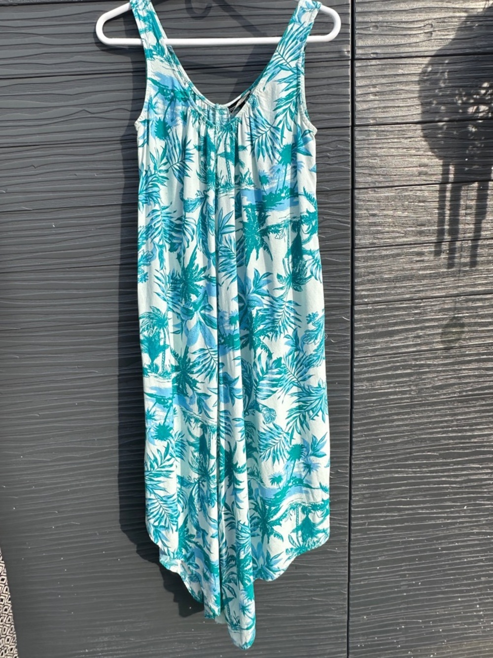 Tropical Palm Print Romper Medium Teal Aqua Sleeveless Flowy - Picture 1 of 6